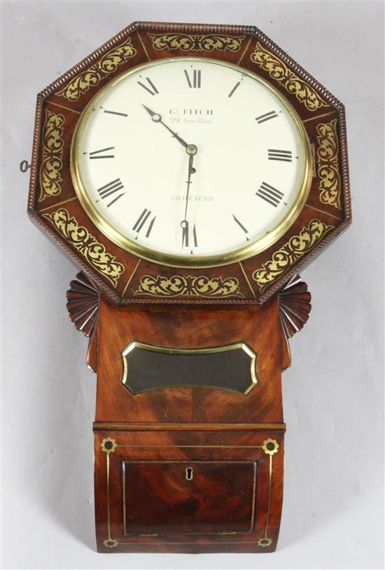 George Fitch of Gravesend. A William IV brass inset mahogany drop dial wall timepiece, H.2ft 5in.